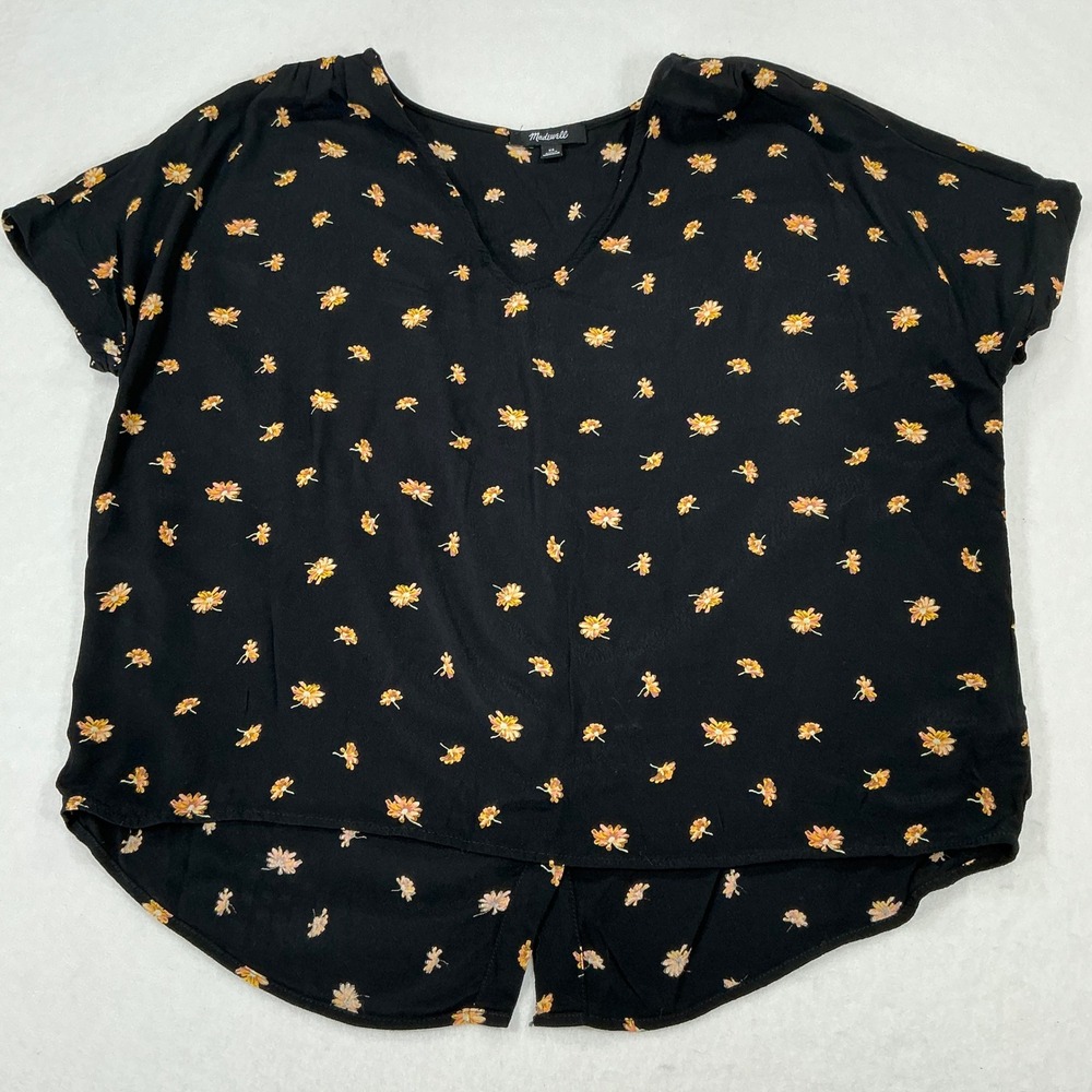 Madewell Womens XS Black Floral V-Neck Button Back Short Sleeve Blouse Top